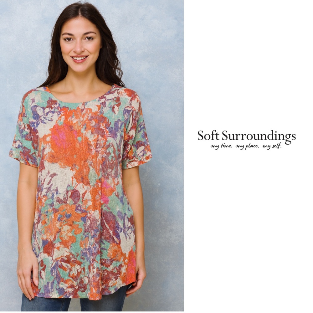 Soft Surroundings Colorful Floral Short Sleeve Top